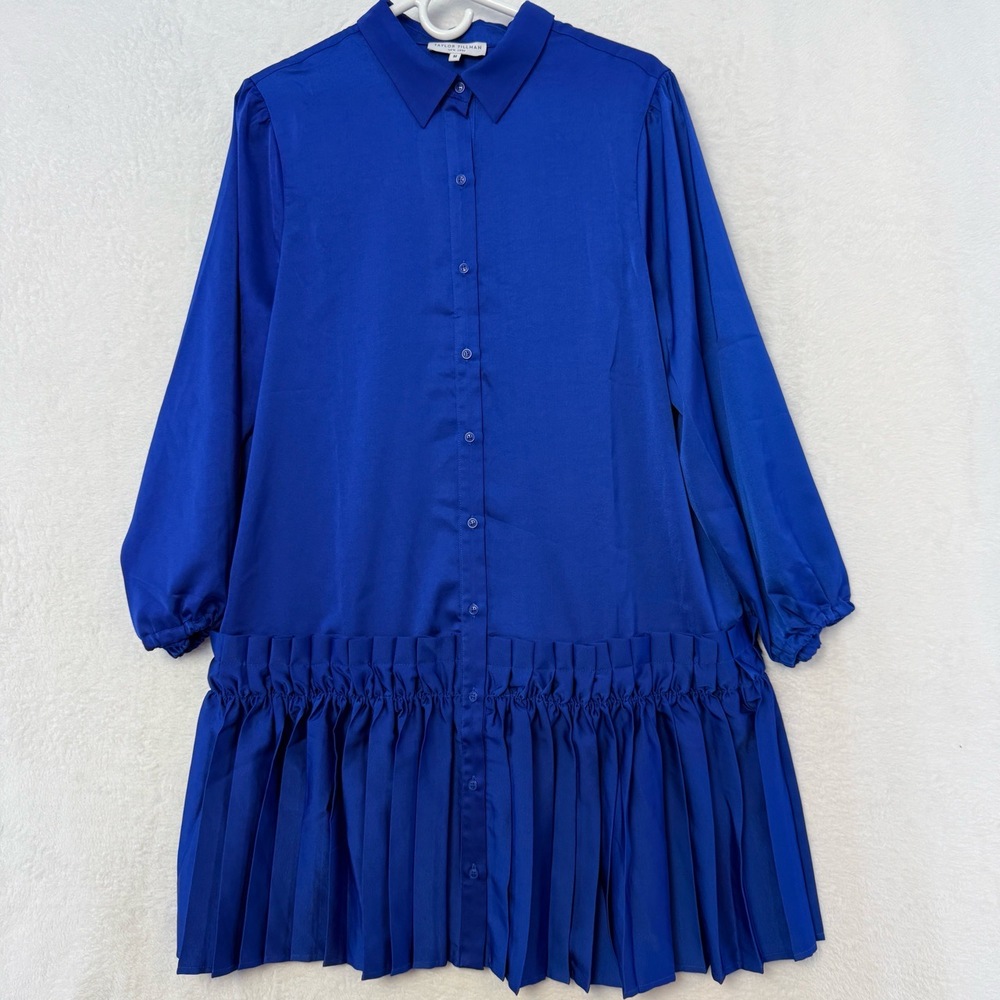 TAYLOR TILLMAN Mini Dress Womens M Royal Blue Pleated Collared Button Down Chic